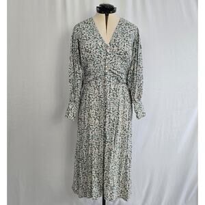 ELF Sage Green Ditsy Floral Pearl Button Gigot Sleeve Midi Dress Women's XL